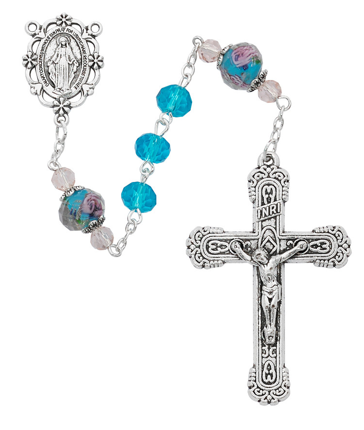 (R890F) 8MM AQUA CRYSTAL ROSARY