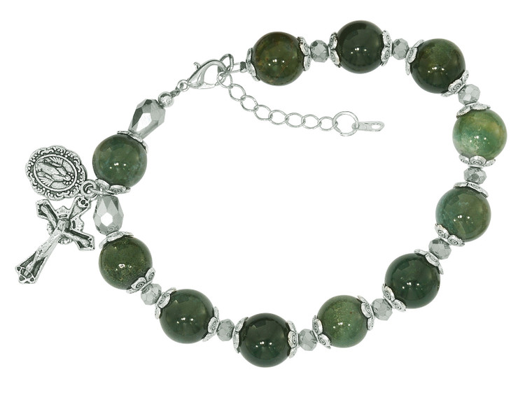 (BR362) MOSS AGATE STONE ROSARY BRACEL