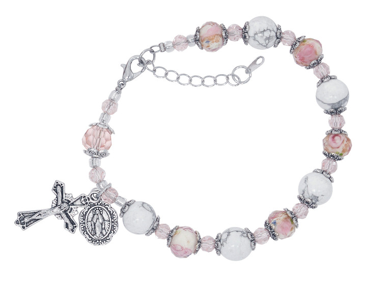 (BR358) WHITE STONE & PINK FLOWER BEAD