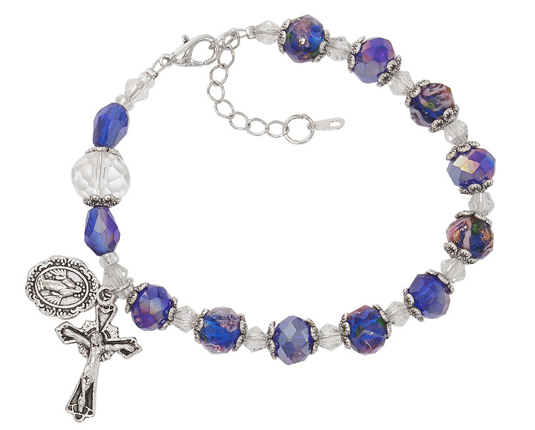 (BR357) BLUE CRYSTAL & FLOWER ROSARY