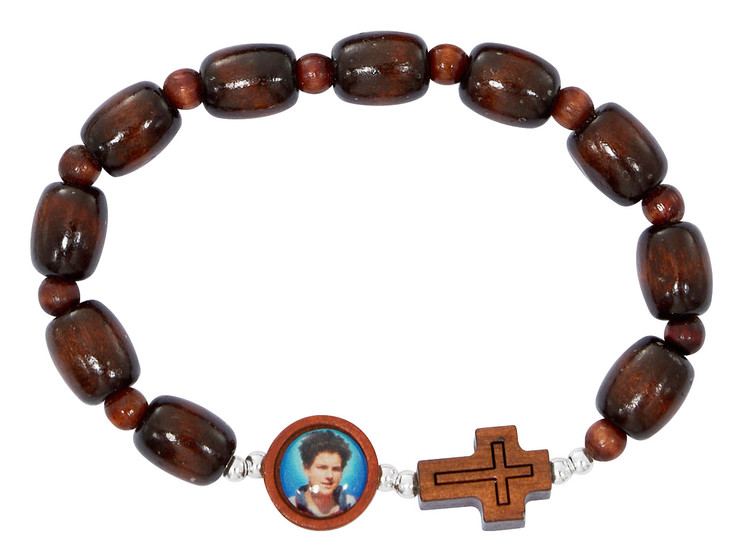 GIRLS BROWN WOOD CARLO ACUTIS STRETCH ROSARY BRACELET