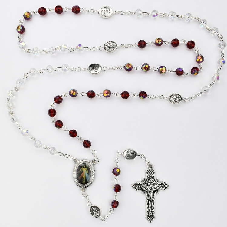 (P555F) RED/CRYS DIVINE MERCY ROSARY