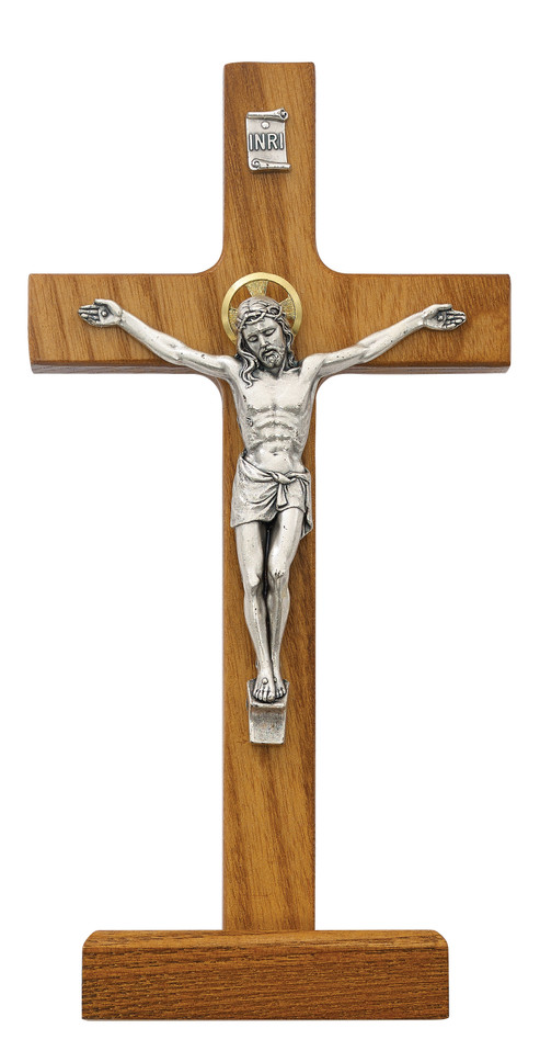 (80-59) 8" WALNUT STAIN STAND CRUCIFIX