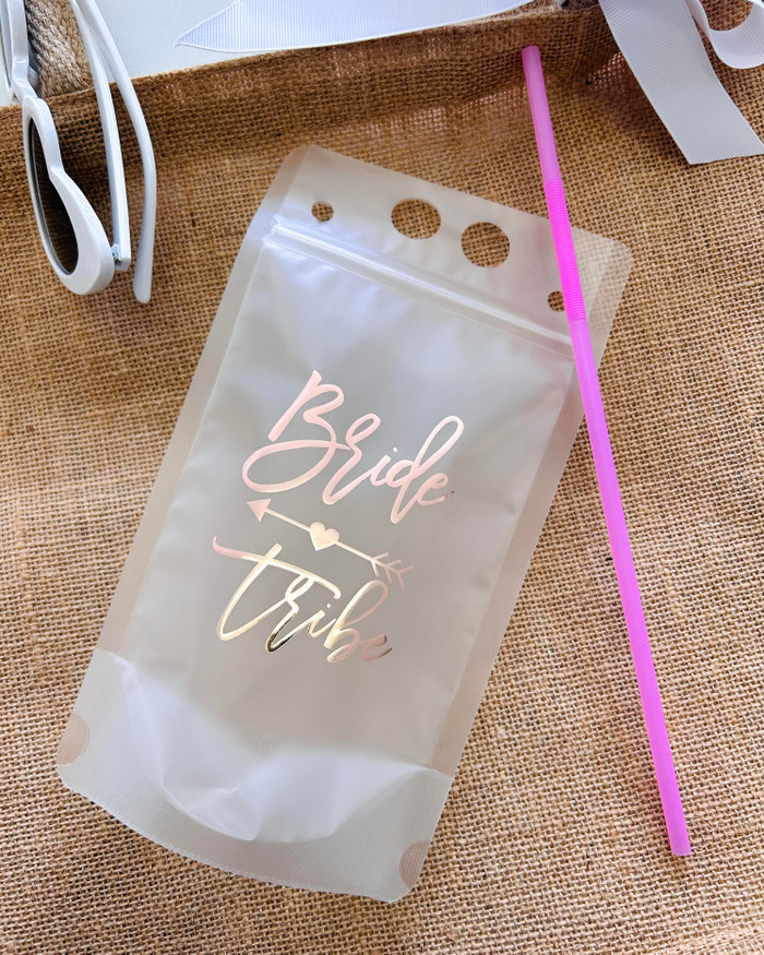 Bride Tribe Rosegold Drinks Pouch with pink straw