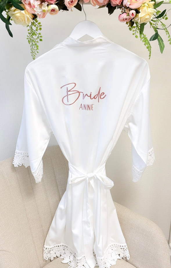 Personalised White Silk Robe with Lace Trim