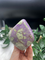 Polished Serpentine with Stichtite freeform featuring green and purple natural patterning.