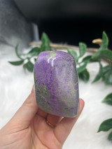 Polished Serpentine with Stichtite freeform featuring green and purple natural patterning.
