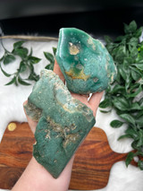 Wholesale set of 2 Mtorolite Chrome Chalcedony specimens, one side polished with raw natural edges. Beautiful green heart healing crystal pieces.