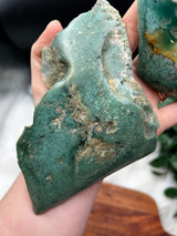 Wholesale set of 2 Mtorolite Chrome Chalcedony specimens, one side polished with raw natural edges. Beautiful green heart healing crystal pieces.
