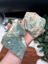 Wholesale set of 2 Mtorolite Chrome Chalcedony specimens, one side polished with raw natural edges. Beautiful green heart healing crystal pieces.