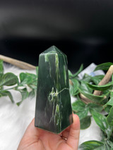 Nephrite Jade Obelisk for love, emotional balance and abundance. A heart chakra crystal tower for calm, harmony, good fortune and sacred spaces.