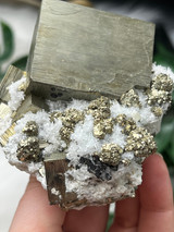 A Grade Pyrite on Quartz with Galena collector specimen for abundance, protection, grounding and clarity. A striking natural mineral display piece.