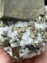 A Grade Pyrite on Quartz with Galena collector specimen for abundance, protection, grounding and clarity. A striking natural mineral display piece.