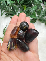 Sumatran Amber Tumbled Stone with deep golden brown tones. Fossilised tree resin for grounding, protection, stability, positive energy and creative self-expression.