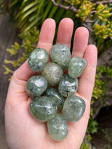 Prehnite Tumbled Stone with soft green tones. A calming crystal for heart healing, intuition, emotional balance, gentle protection and inner guidance.