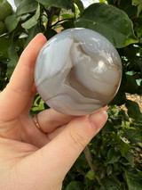 Grey Agate Sphere with calming, protective energy. A soothing crystal for balance, courage, emotional strength, self-confidence and peaceful grounding.