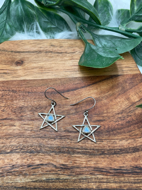 Rainbow Moonstone Star Pentagram Earrings – Intuition, Feminine Magic & Lunar Energy (Sterling Silver)