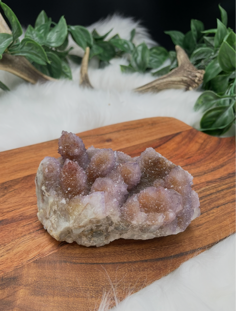 Natural Spirit Quartz crystal cluster (Cactus Quartz) known for harmony, alignment and amplified energy. Beautiful druzy formation for meditation and healing spaces.