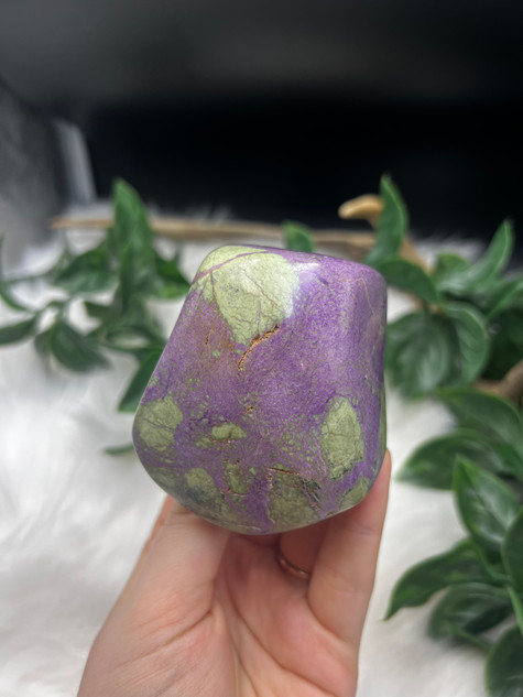 Polished Serpentine with Stichtite freeform featuring green and purple natural patterning.