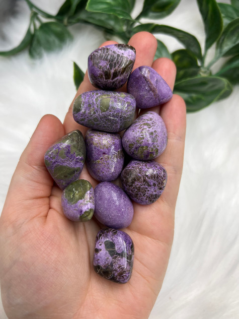 Stichtite Tumbled Stone with purple and green tones. A calming crystal for emotional awareness, protection, soul alignment, compassion and living as your true self.