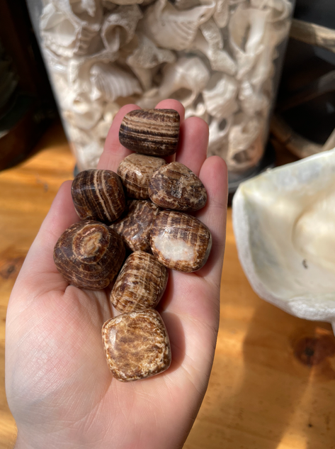Aragonite Tumbled Stone with warm earthy banding. A grounding crystal for patience, emotional balance, stress support, focus, stability and Earth connection.