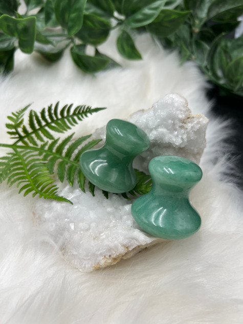 Green Aventurine mushroom gua sha set of 2. Hand-polished crystal massage tools for self-care, heart healing, luck, abundance and calming rituals.