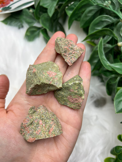 Natural Raw Unakite Chunk featuring beautiful green and pink tones. A crystal of renewal, emotional healing, balance and personal growth. Perfect for meditation and crystal collections.