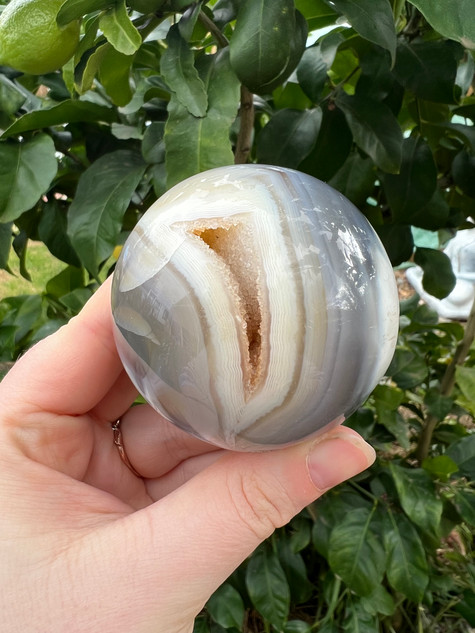 Grey Agate Sphere with calming, protective energy. A soothing crystal for balance, courage, emotional strength, self-confidence and peaceful grounding.