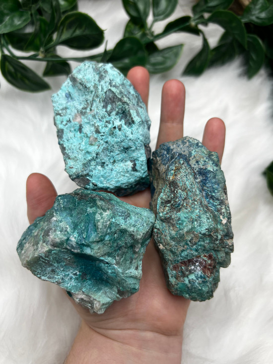 Large raw Shattuckite chunks with beautiful blue-green tones. A powerful crystal for intuition, truth, clear communication and inner wisdom.