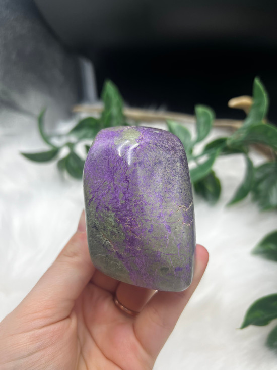 Polished Serpentine with Stichtite freeform featuring green and purple natural patterning.