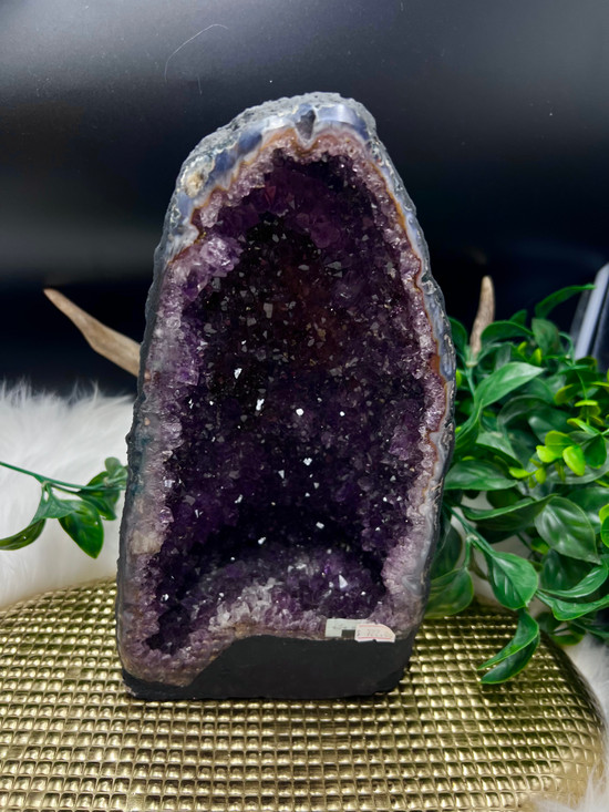Large Amethyst Cathedral Geode with deep purple druzy crystals. A beautiful statement piece for peace, protection, intuition, cleansing and spiritual calm.