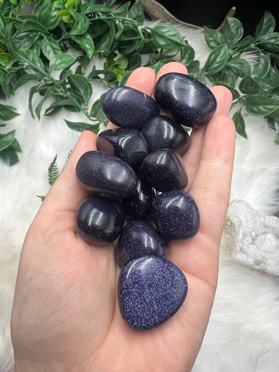 Blue Goldstone Tumbled Stone with sparkling midnight-blue shimmer. A crystal for wishes, confidence, career opportunities, protection, ambition and big-break energy.