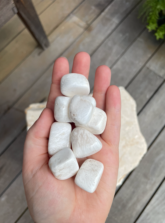 Scolecite Tumbled Stone with soft white natural patterning. A calming crystal for peace, sleep, meditation, emotional softness, intuition and higher spiritual connection.
