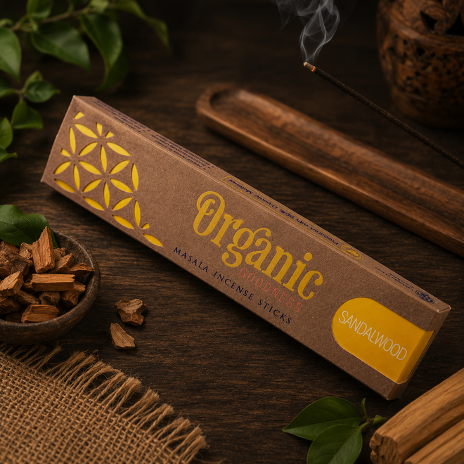 Organic Goodness Sandalwood masala incense sticks with a warm woody scent. Perfect for meditation, grounding, sacred rituals, relaxation and peaceful home energy.