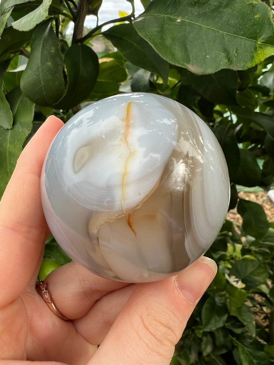 Grey Agate Sphere with calming, protective energy. A soothing crystal for balance, courage, emotional strength, self-confidence and peaceful grounding.