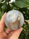 Grey Agate Sphere with calming, protective energy. A soothing crystal for balance, courage, emotional strength, self-confidence and peaceful grounding.