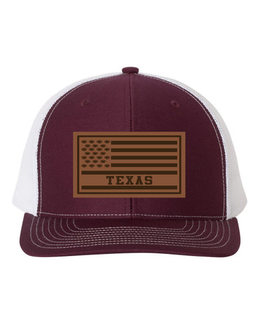 Texas Football Team Colors American Flag Leather Patch Trucker, Maroon/White