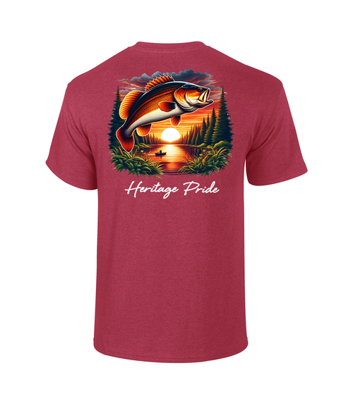 Heritage Pride Mens Tree Fishing Scenery With Bass Fish Short Sleeve T-Shirt