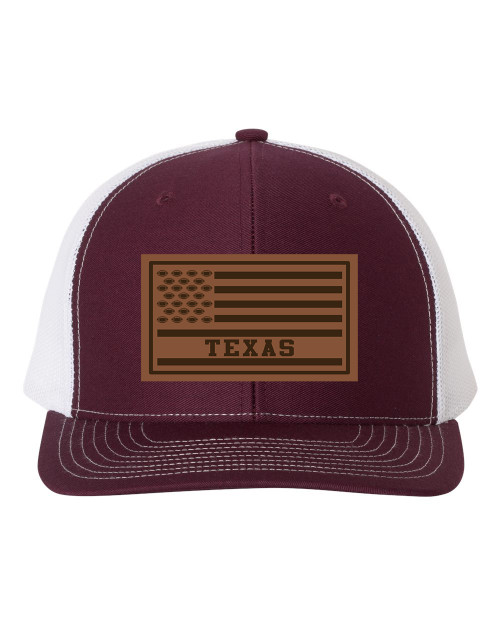 Texas Football Team Colors American Flag Leather Patch Trucker, Maroon/White
