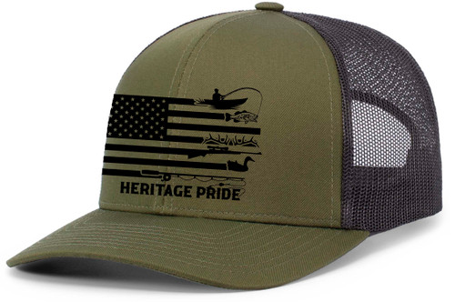 Heritage Pride Hunting and Fishing Outdoors American Flag Mens Embroidered Mesh Back Trucker Hat