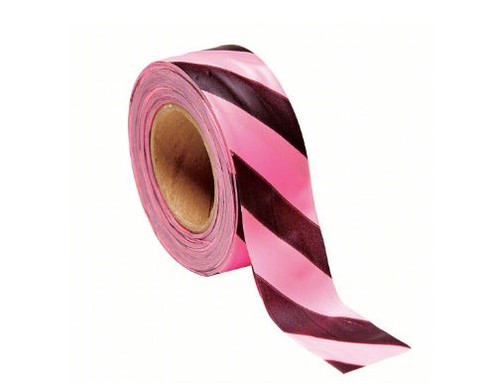 Flagging Tape: Black/Fluorescent Pink, No Legend, Diagonal Stripe, 150 ft Lg, 1 3/16 in Wd, Vinyl