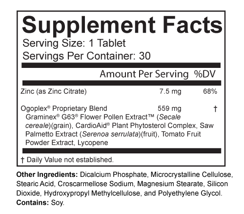 Ogoplex 12 month or one year supply of men's prostate health supplement Ogoplex  for Men Prostate Support Urinary Support Supplement Facts Panel