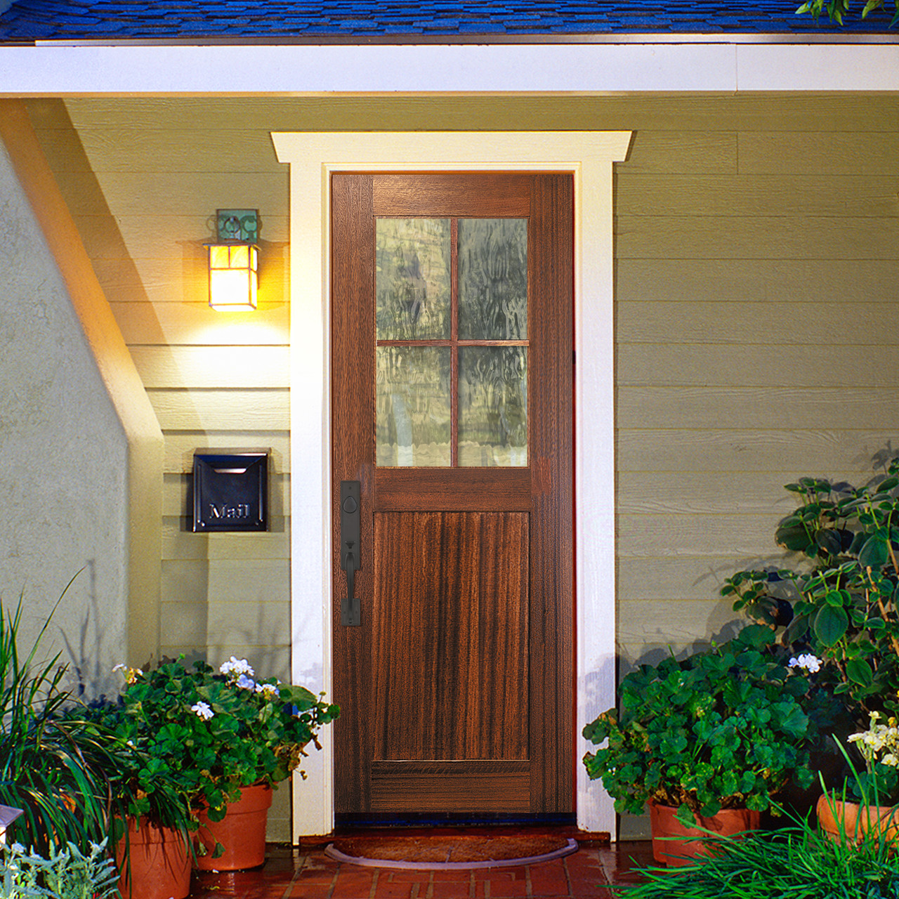 4-Lite Low-E Mahogany Prehung Wood Double Door Unit with Sidelites