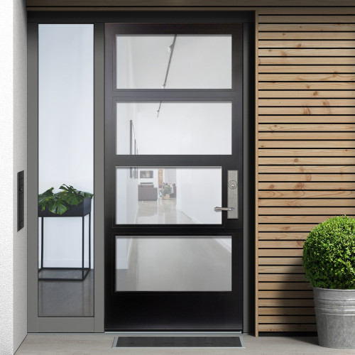 black metal door with four horizontal glass panes