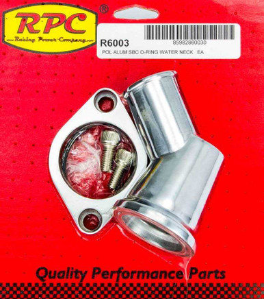 RACING POWER CO-PACKAGED 66-75 Chevy V8 Alum 45 Deg Water Neck Polished RPCR6003
