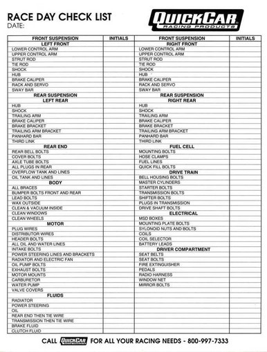 QUICKCAR RACING PRODUCTS RACE DAY CHECK-LIST  QRP51-237