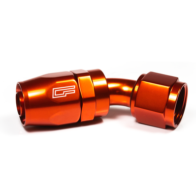 COLOR FITTINGS -06 AN 45 DEGREE FEMALE ALUMINUM HOSE END (PTFE)  - ORANGE COFFPE-06-045-000-OR
