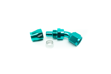 COLOR FITTINGS -10 AN 45 DEGREE FEMALE ALUMINUM HOSE END (PTFE)  - TEAL COFFPE-10-045-000-TL