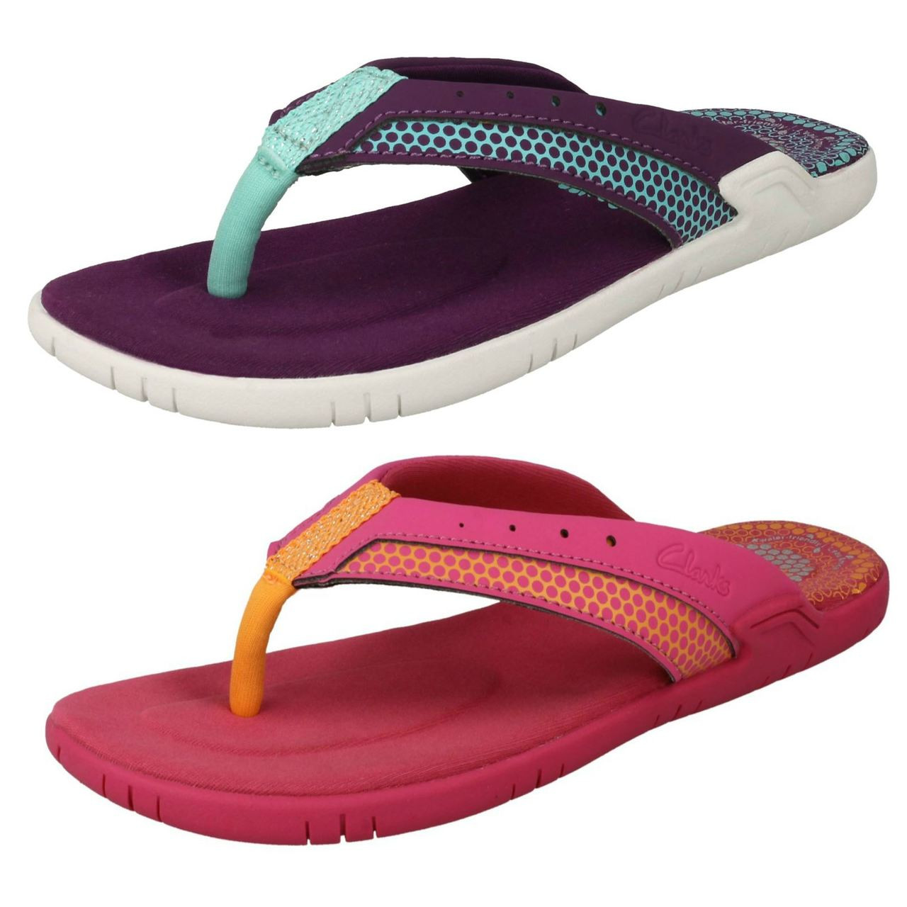 purple clarks flip flops