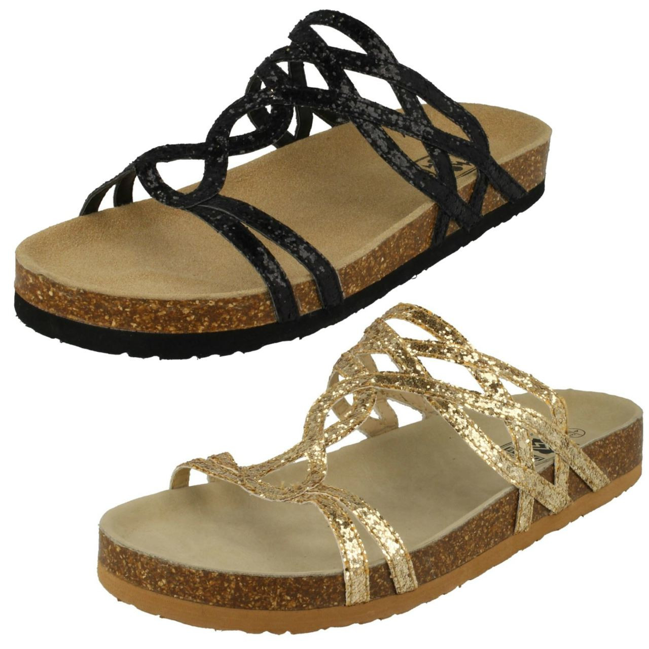 Ladies Down To Earth Cork Effect Glitter Sandals - Main Image